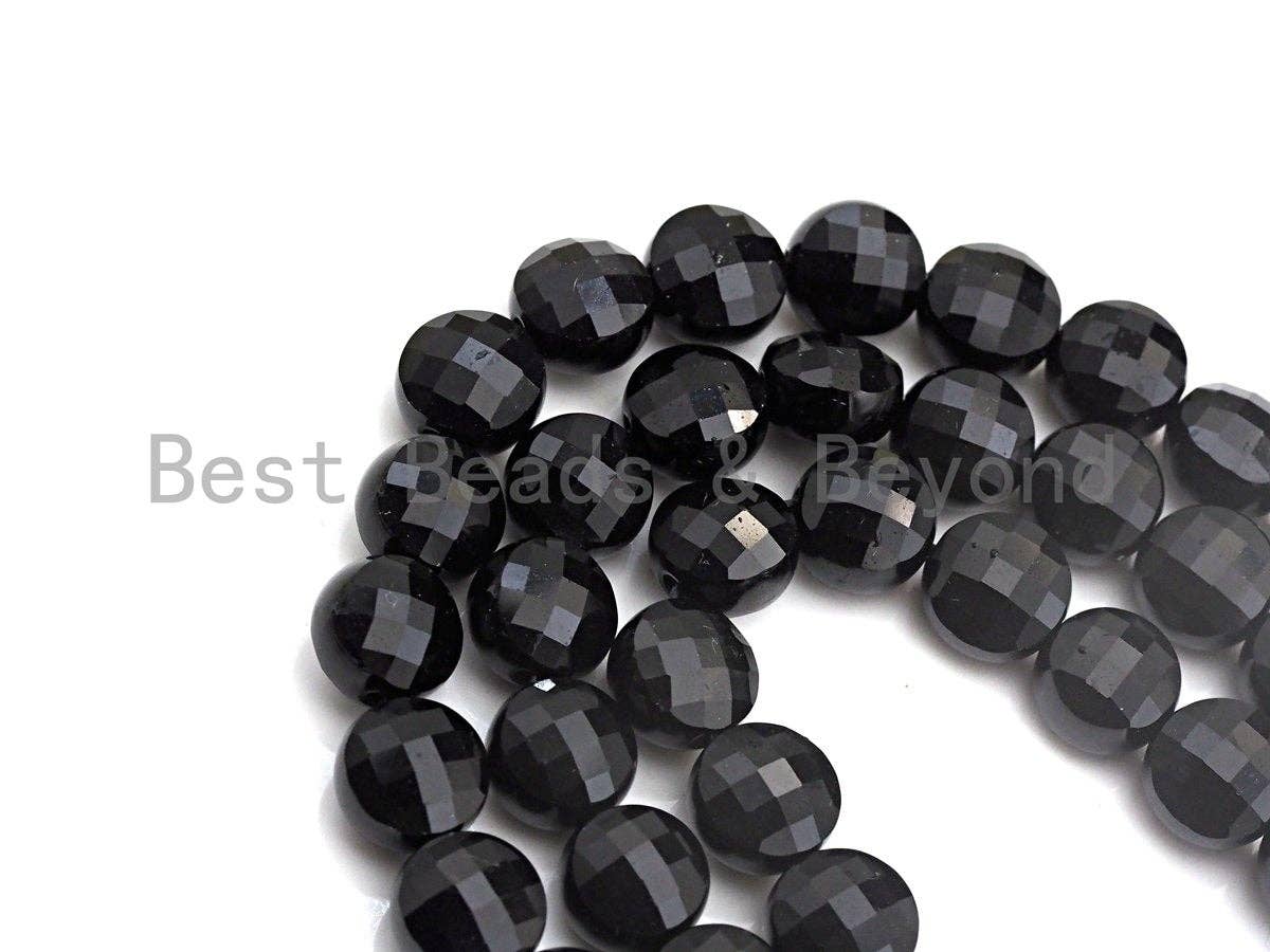 Double Sided Turtle Shell Cut Black Onyx Coin Shape beads, 6mm/8mm/10mm Checkerboard Cut Black Onyx Beads, 16" Full strand, Sku#U693