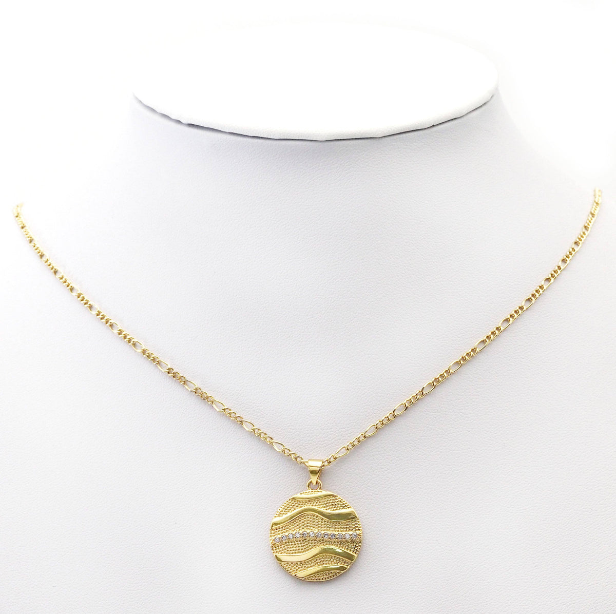 CZ Gold Wave Line Medallion Coin Charm, Sku#LK753