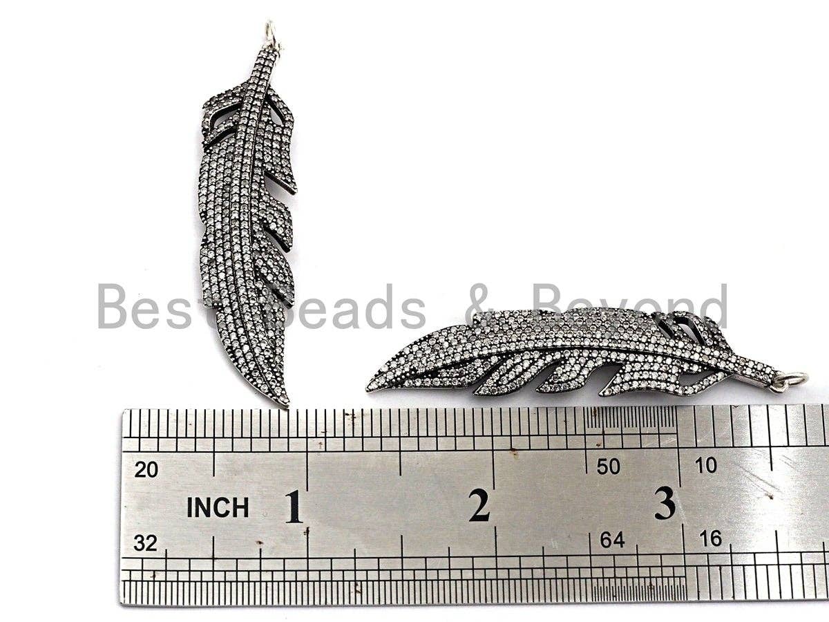 CZ Micro Pave Feather Pendant, Antique Silver Tone, Clear Cubic Zirconia Big Pave Feather Charm Pendant, 14x58mm,sku#F1011