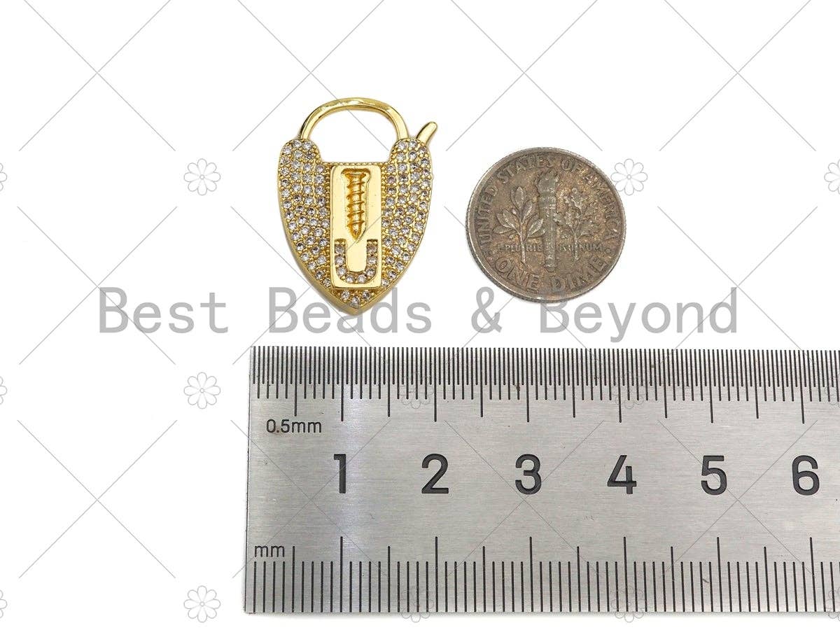 CZ Micro Pave Screw U Heart Padlock Clasp,Screw U Padlock Clasp, Gold Charm Pendant, Padlock Necklace Charms Connector, 17x25mm, Sku#K165