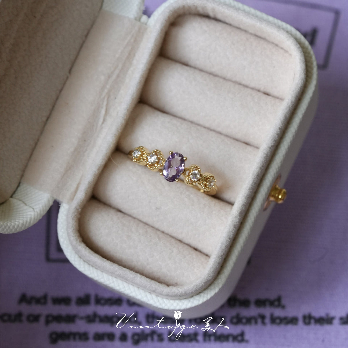 French Retro High-End Gentle Light Luxury Micro-Set Sparkling Purple Zircon Open Ring