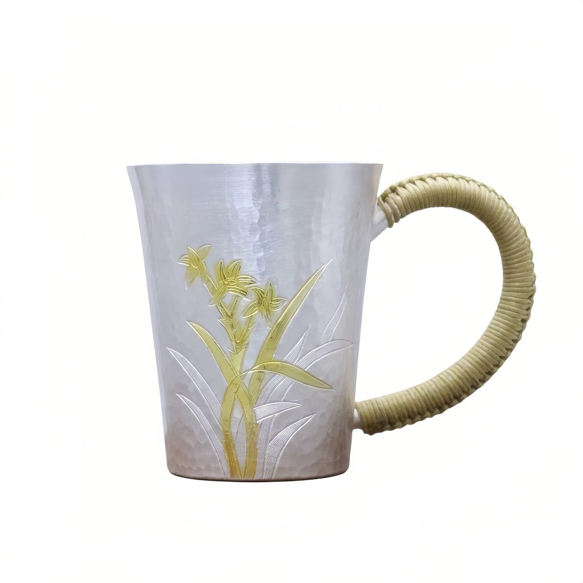 925 Sterling Silver Elegant Hammered Silver Mug with Orchid Engravings and Woven Handle - Handicraft