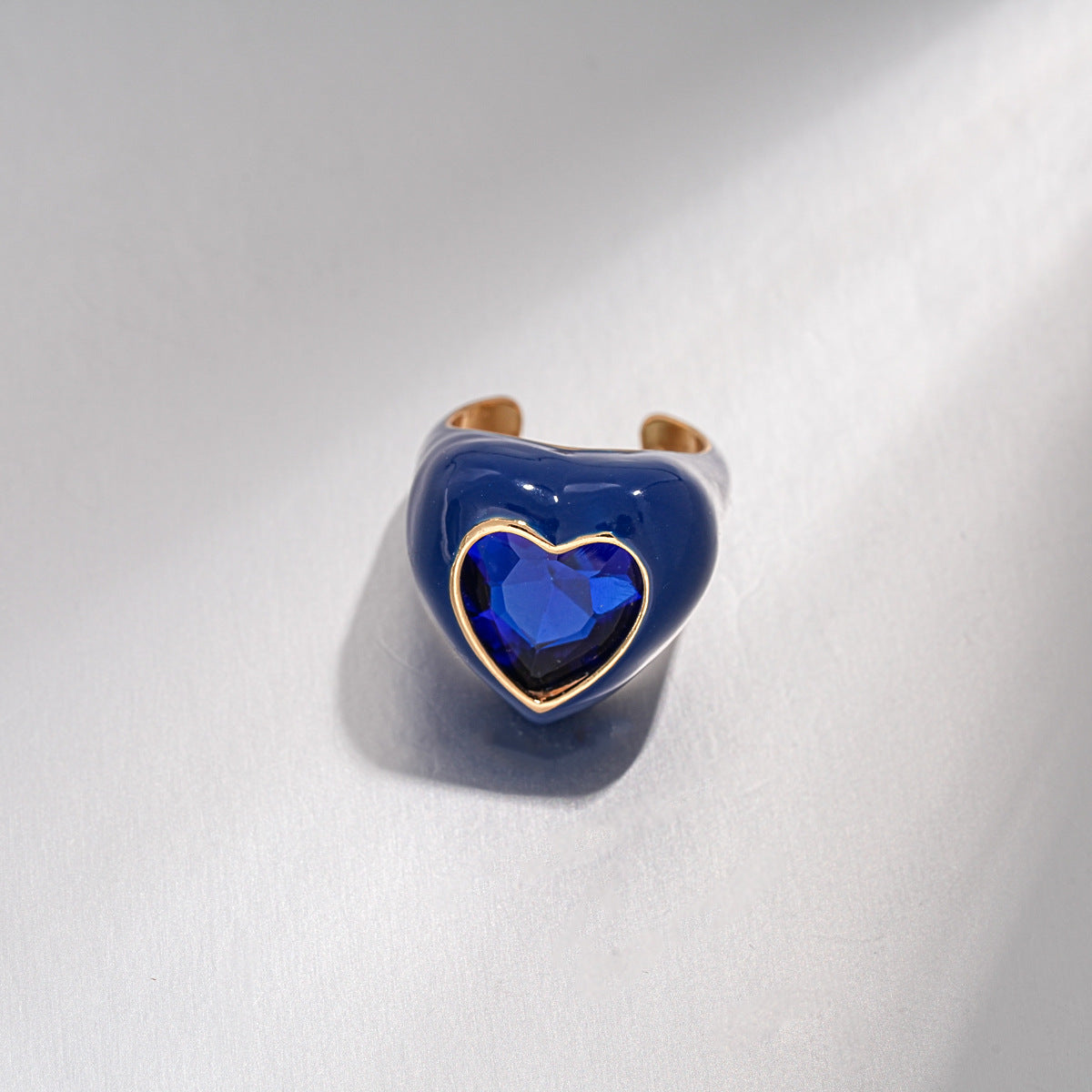Women Heart Open Adjustable Ring,European American Enamel Inlaid Rhinestone Ring,Simple Elegant Niche Fashion Index Finger Hand Jewelry