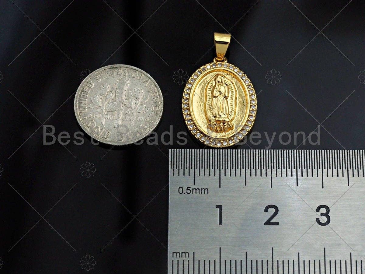 18K Gold Virgin Mary On Oval Emblem Shape Pendant, Oval Charm, Virgin Mary Pave Pendant, Dainty Gold Charm,21x15mm, Sku#F1154