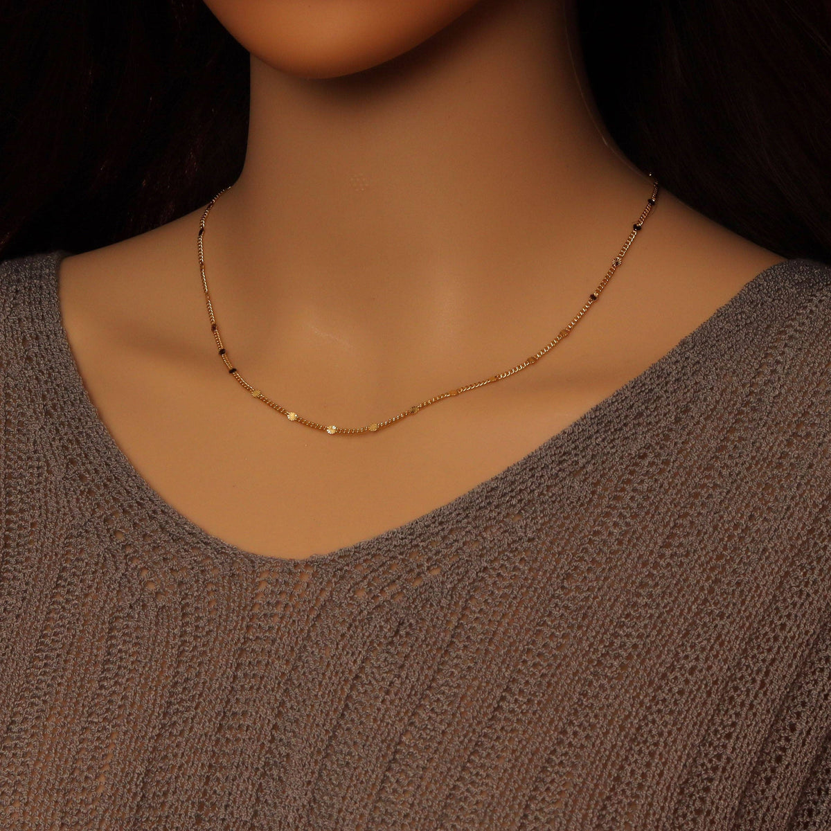 Gold Dainty Flower Link Chain Necklace, Sku#LD606