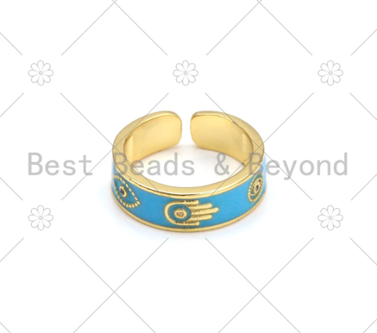 Hamsa Hand Evil Eye Enamel Adjustable Ring, Sku#X270