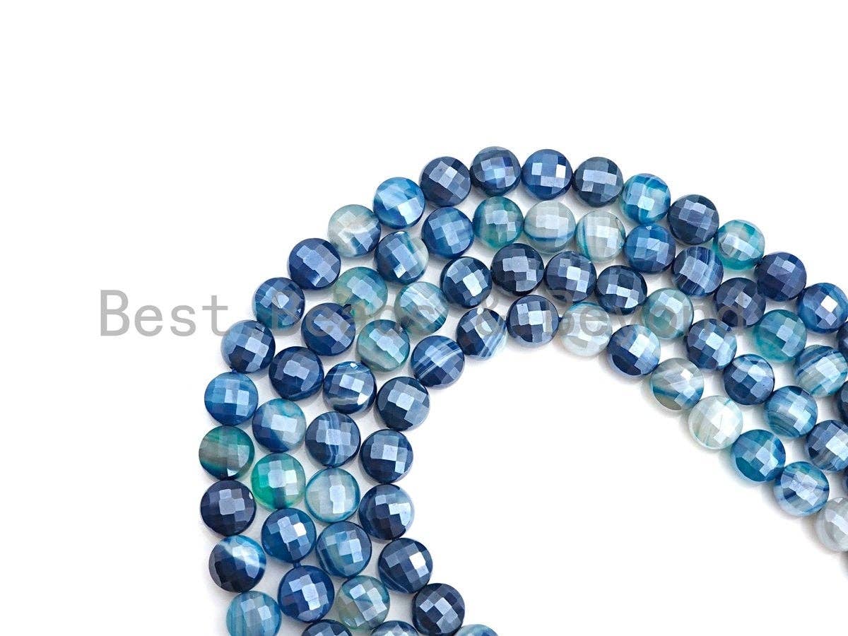 Mystic Plated Turtle Shell Cut Natural Agate Coin Shape beads, 6mm/8mm/10mm Blue Banded Agate Beads, 15.5" Full strand, Sku#UA31