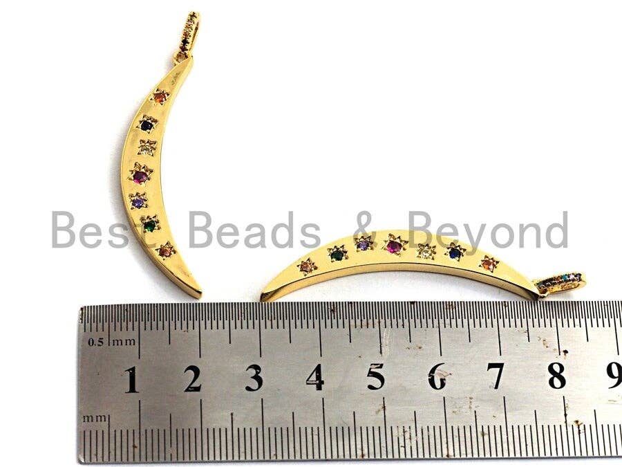 CZ Colorful Micro Pave Flat Crescent Moon Gold Pendant, Moon Shaped Pave Pendant, Gold plated, 7x49mm, Sku#F874