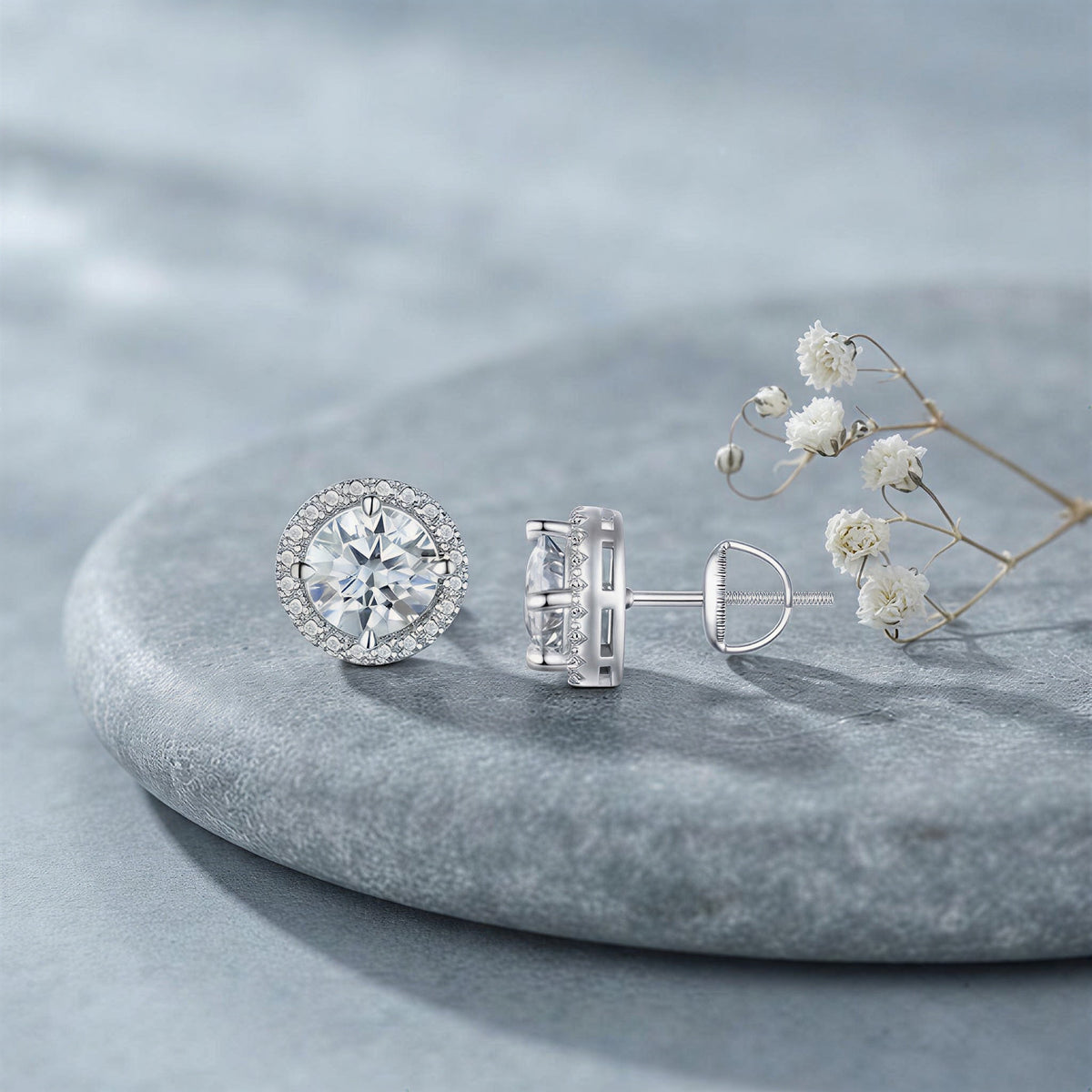 S925 Multicolor Moissanite Round Halo Stud Earrings with Threaded Needle, 8 Color Options, 0.1-3ct D-Grade VVS, Sterling Silver Jewelry for Men Women