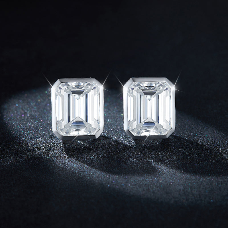 S925 Sterling Silver 8x10mm Emerald Cut Moissanite Stud Earrings Platinum Plated Geometric Bezel With GRA Certificate Jewelry Gift Box Set