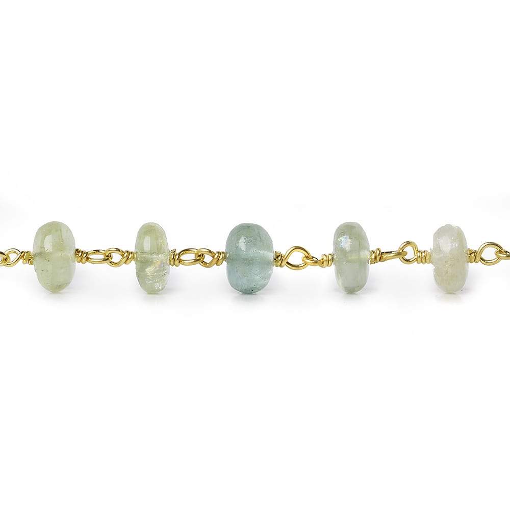 6.5-7mm Aquamarine & Beryl plain rondelle Gold Chain by the foot 33 pieces