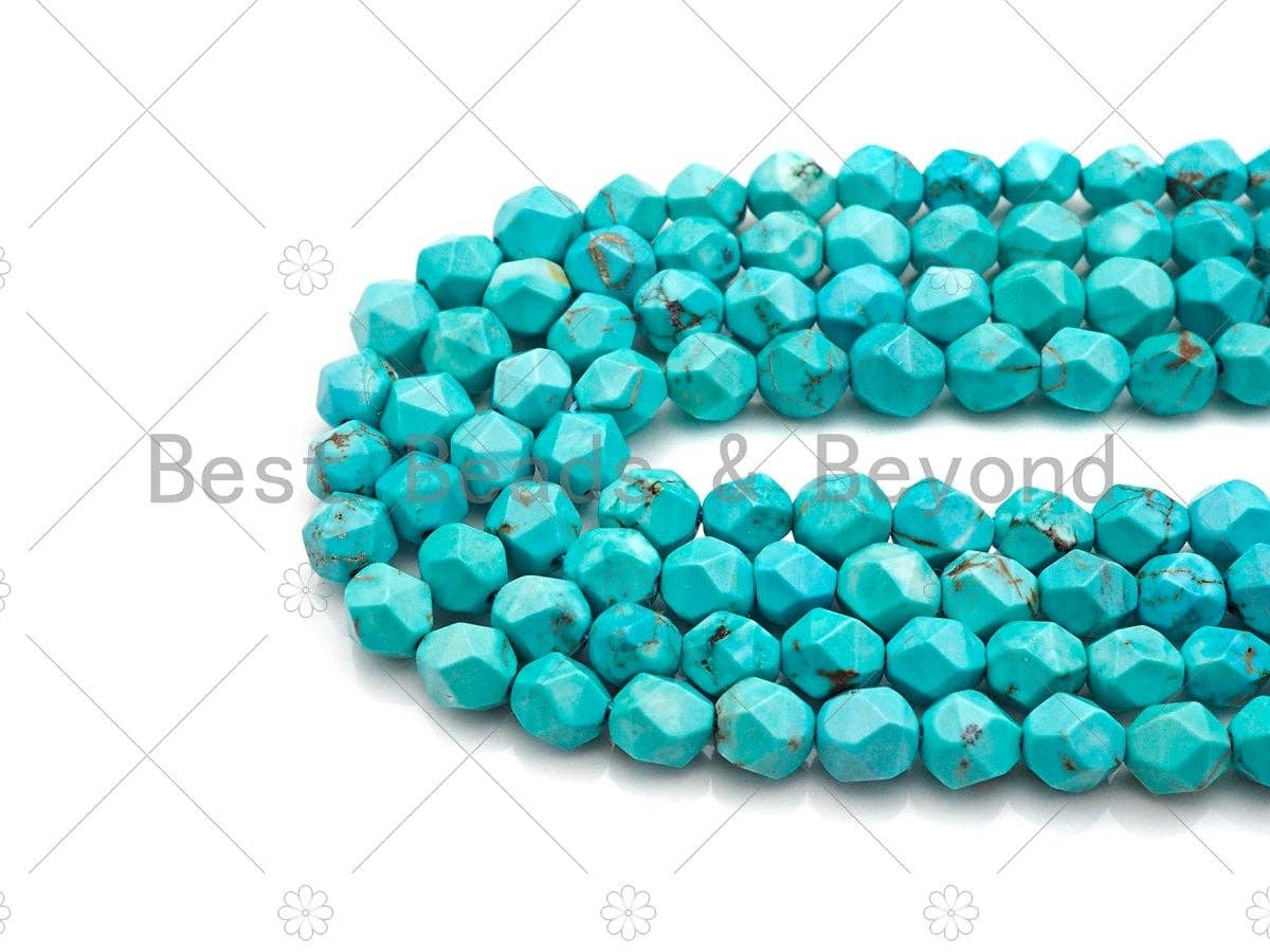 Diamond Cut Turquoise Beads, 6mm/8mm Faceted Turquoise Dyed Howlite Beads, 15.5" Full Strand, sku#U979