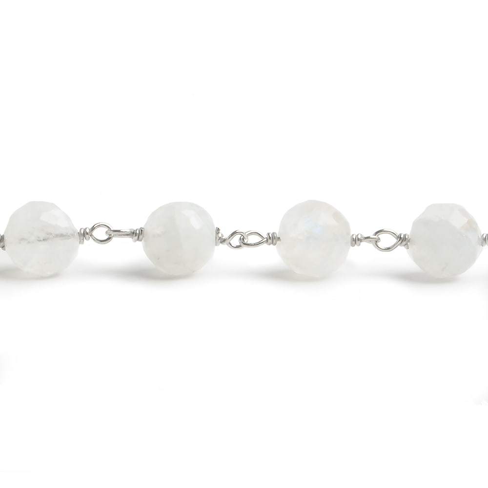 6.5mm Rainbow Moonstone faceted round .925 Silver Chain by the foot 24 pieces