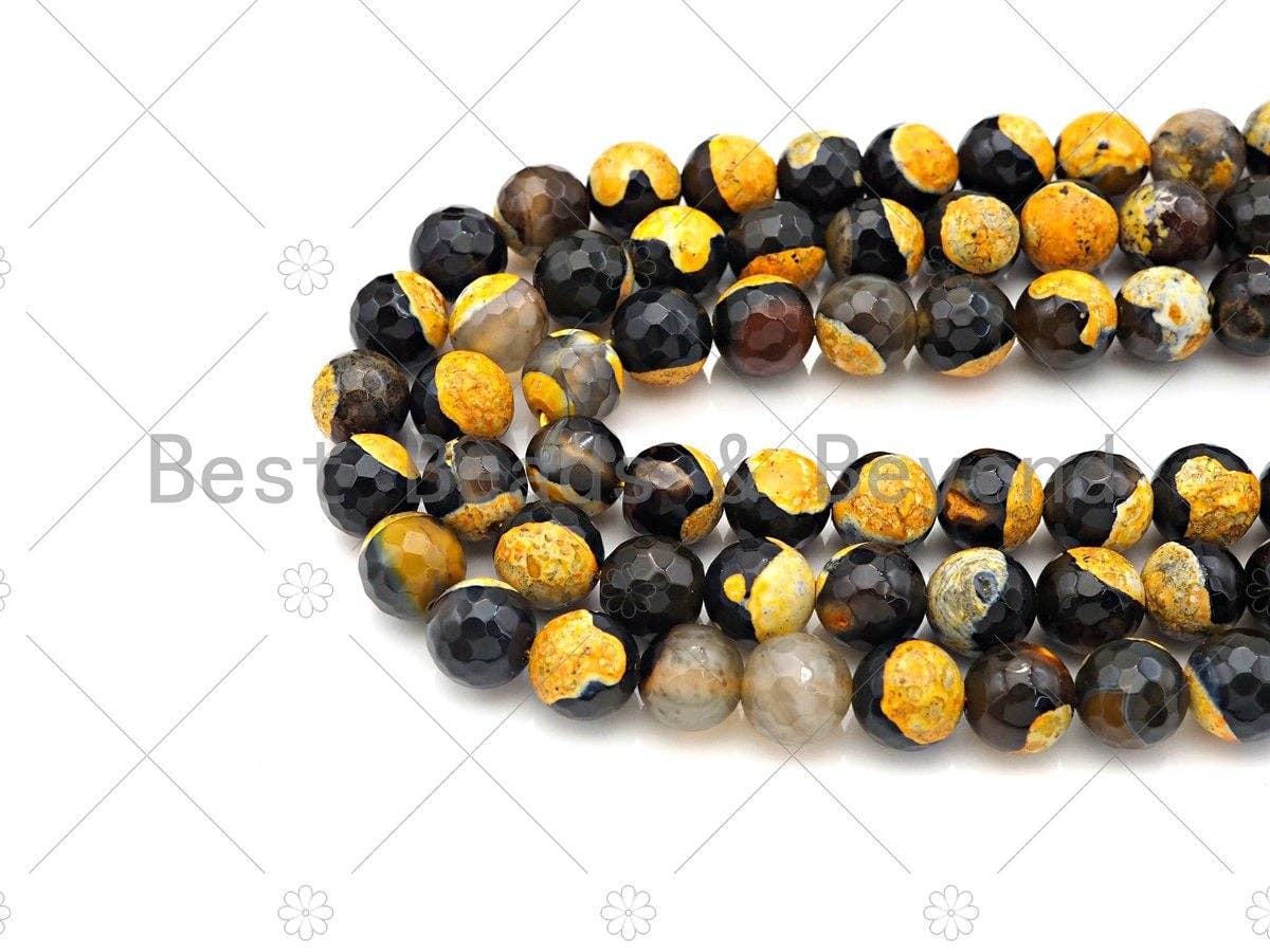 Natural Yellow Fire Agate Round Faceted Beads, 8mm/10mm Yellow Fire Agate, Natural Agate, 15.5" Full Strand, Sku#U1051
