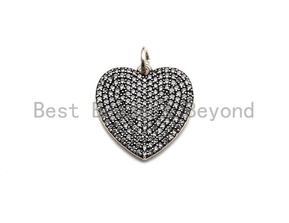 CZ Micro Pave Heart Shape Pendant, Antique Silver Tone, Cubic Zirconia Pave Heart Charm Pendant, 22mm,sku#F1024