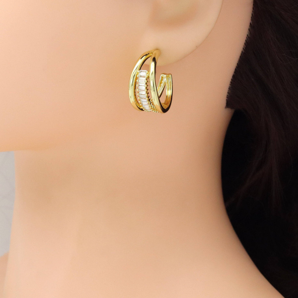 Baguette CZ Gold Multiline Hoop Stud Earrings, Sku#LD664
