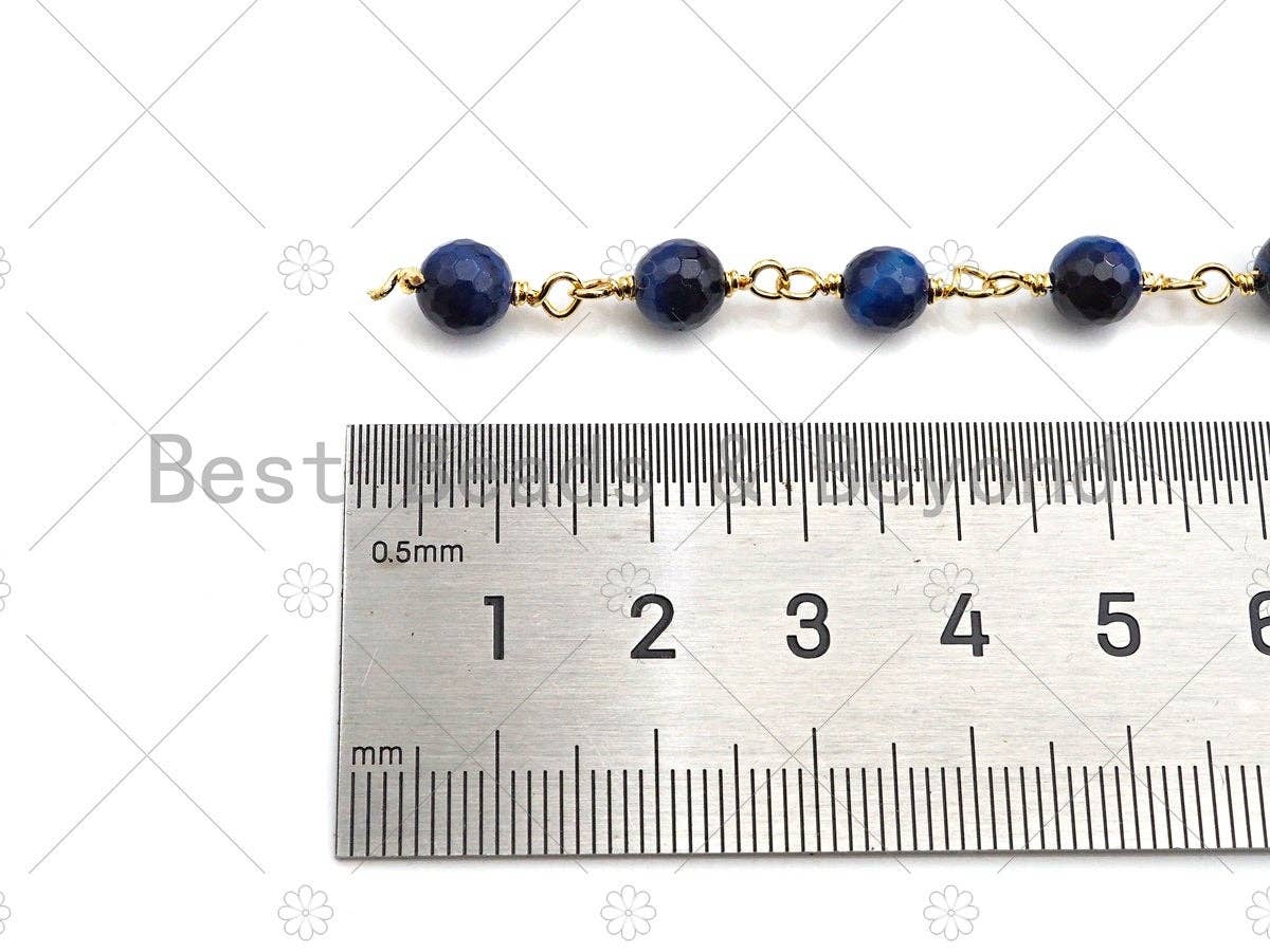 Mystic Blue Agate Faceted Navy Blue Tiger Eye Rosary Chain, 6mm Beaded Chain, Wire Wrapped Gold Chain,Sku#V91