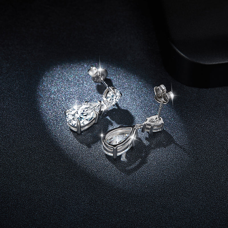 S925 Sterling Silver Pear Cut Moissanite Dangle Earrings 7x11mm Teardrop Double Stone Drop Earrings With GRA Platinum Plated Jewelry Gift Box Set