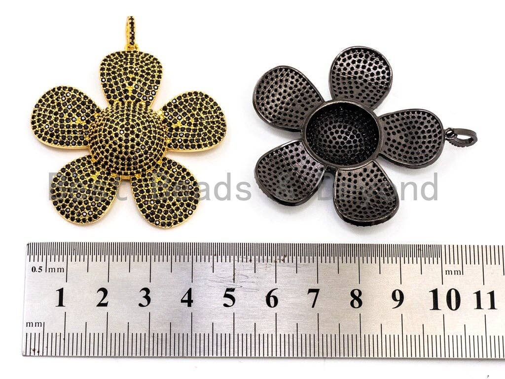 48x58mm CZ Micro Pave Large Daisy Flower Pendant, Black Cubic Zirconia Pave Mega Floral Pendant in Gold Black Finish,sku#F355