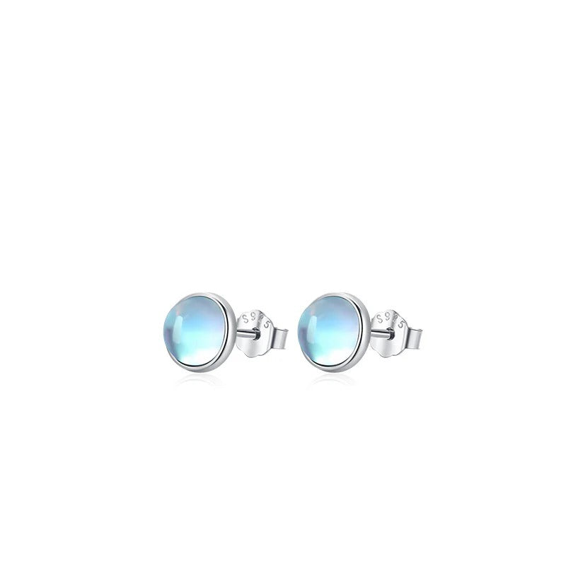 Stacking Round Moonstone Stud Earrings in Sterling Silver – Minimalist Korean-Inspired Jewelry