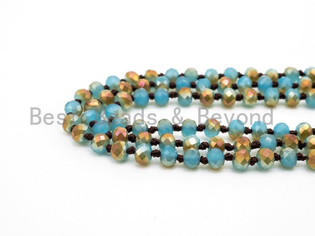 60/36 Long Hand Knotted Blue Gold Color Crystal Necklace, Double Wrap Necklace, Turquoise Color 4mm/8mm Rondelle Crystal Beads, SKU#D19