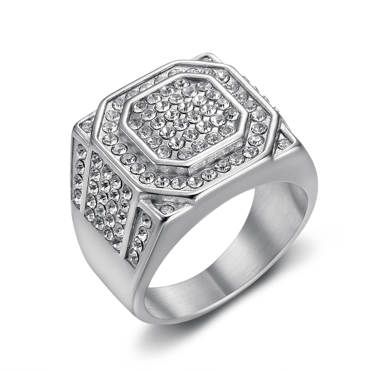 Titanium Steel Gold-Plated Full-Crystal Mens Ring