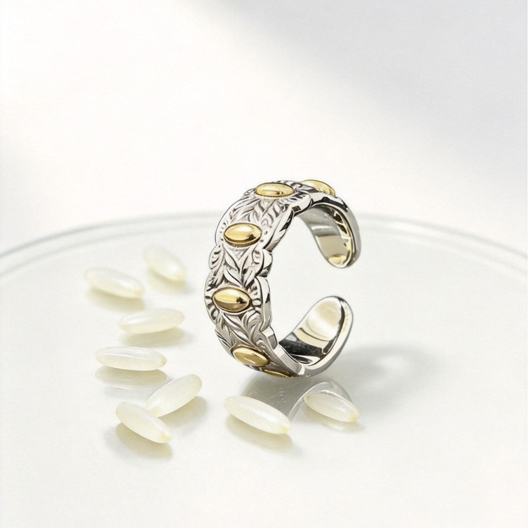 Brass Seven-Grain Rice Ring, Vintage Handcrafted Light Luxury Open Adjustable Band