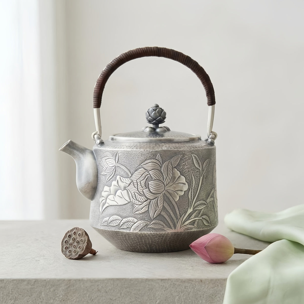 Pure 999 Fine Silver Elegant Teapot with Handcrafted Floral Engraving, Hammered Texture, and Lotus Lid-Fine Teapot with Handle - Handicraft
