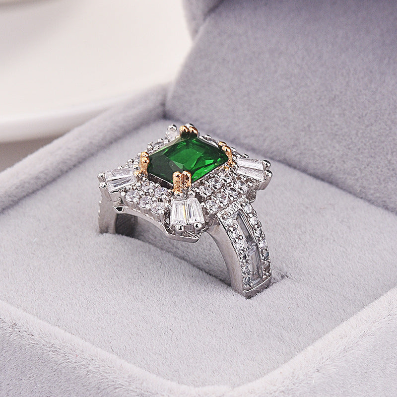 Square Princess Ring With Simulated Emerald Zircon, Micro Pave Full Stone Engagement Band