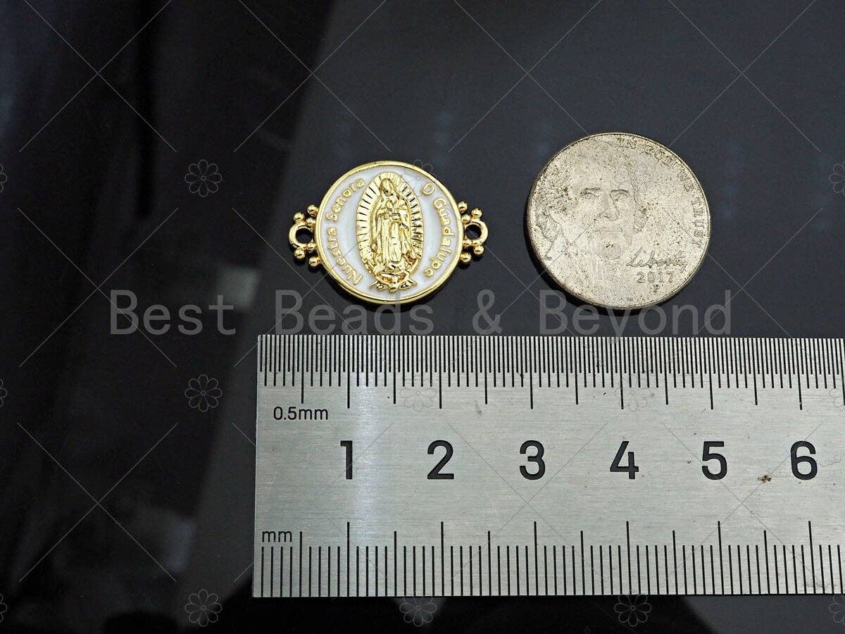 Gold Filled White Enamel Virgin Mary On Round Coin Shape Connector, 18K Gold Filled Enamel Link, Enamel Jewelry, 22x17mm,Sku#LD108