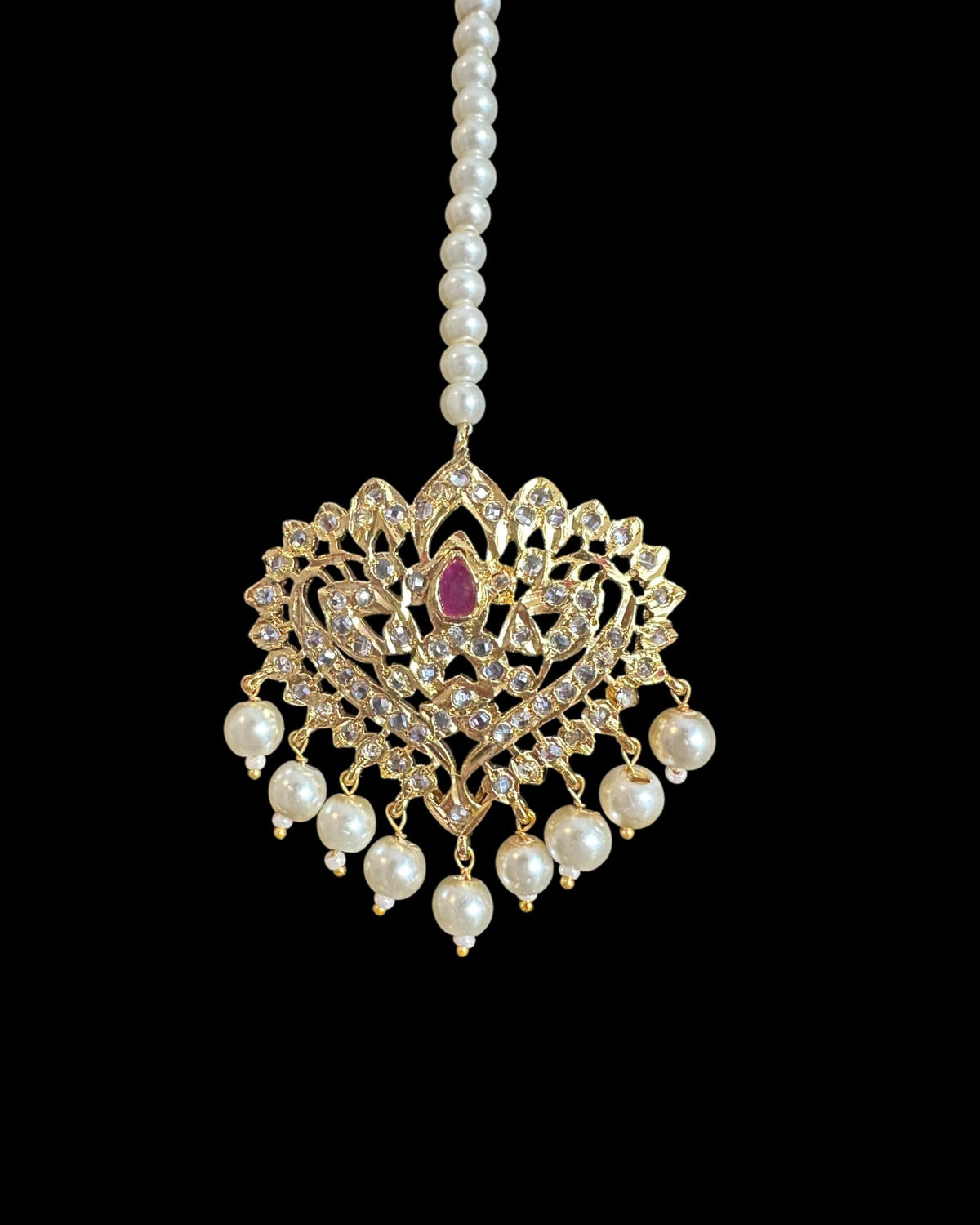 DJTK358 Hiba Gold-Plated Polki Tikka with Ruby & Shell Pearls ( READY TO SHIP )