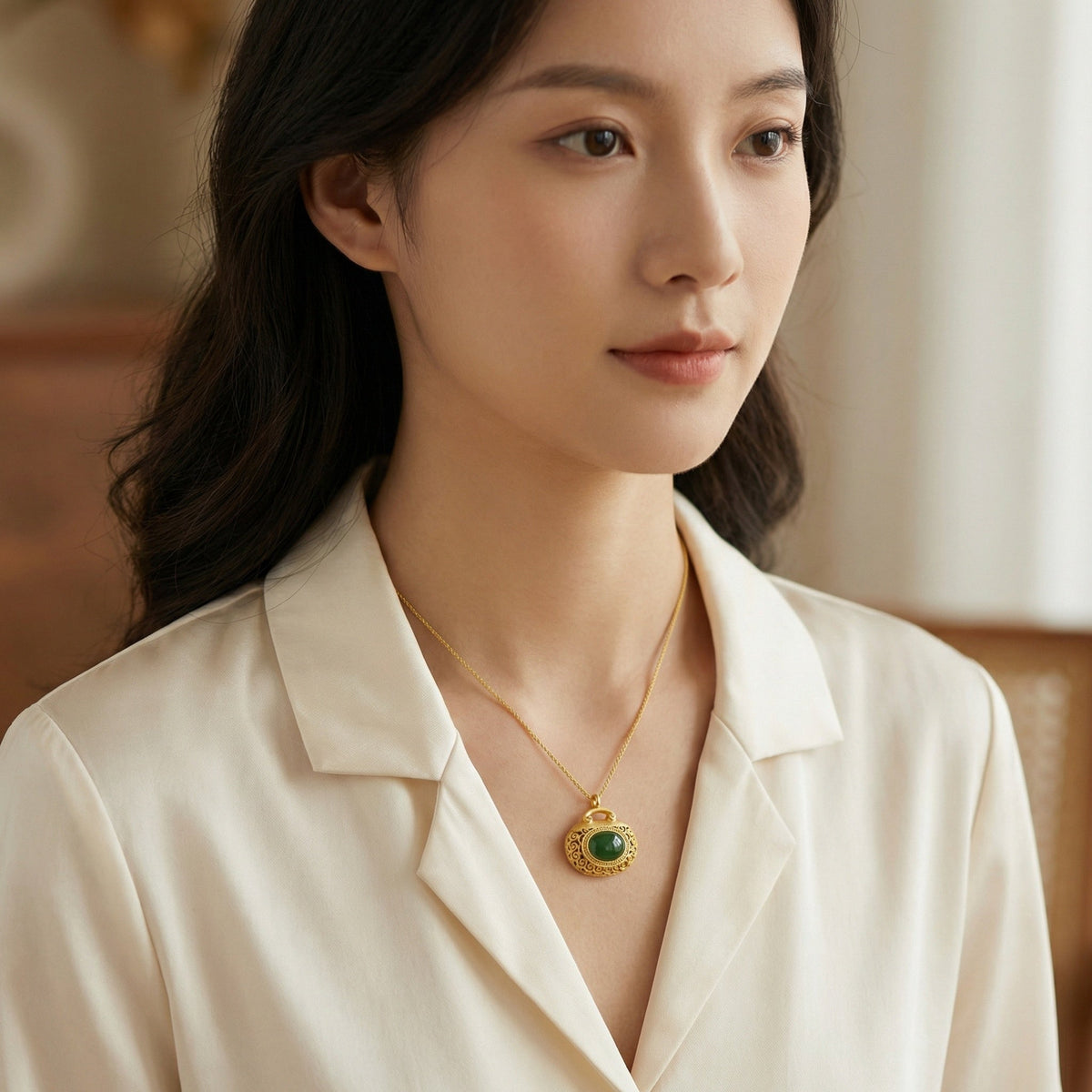 925 Sterling Silver Elegant Filigree Green Jadeite Pendant Necklace with Intricate Textured Metallic Detail