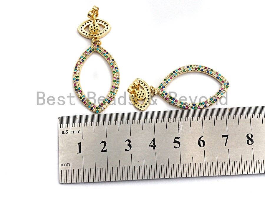 Rainbow CZ Micro Pave Evil Eye With Oval Dangles Earring, Da