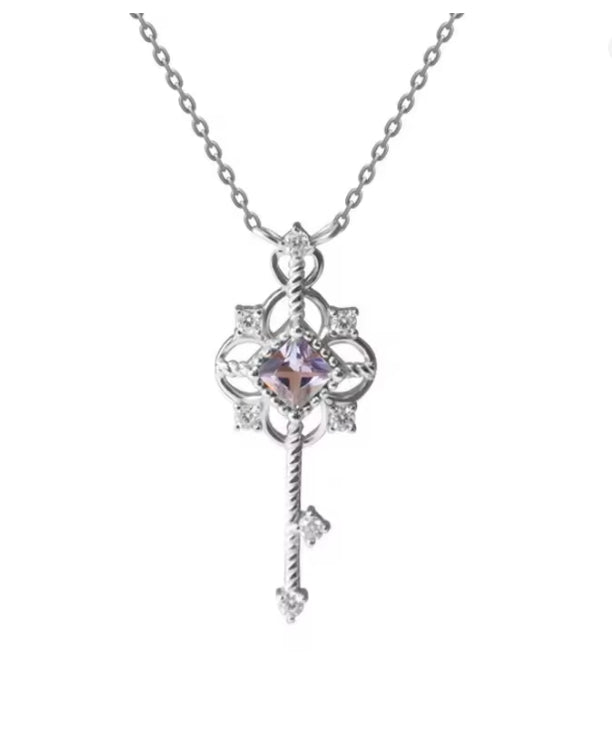S925 Sterling Silver Roman Purple Key Pendant Necklace