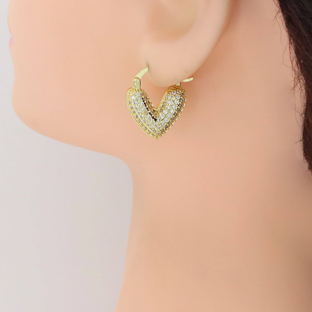 Puffy CZ V Shape Huggie Earrings, Sku#LD555