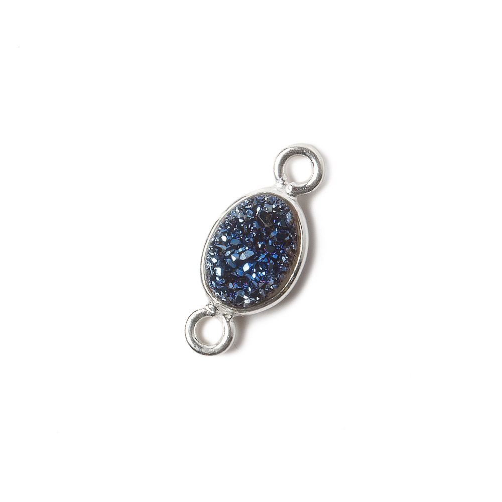 7x5mm Silver .925 Bezel Mystic Aegean Blue Drusy Oval Connector 1 piece