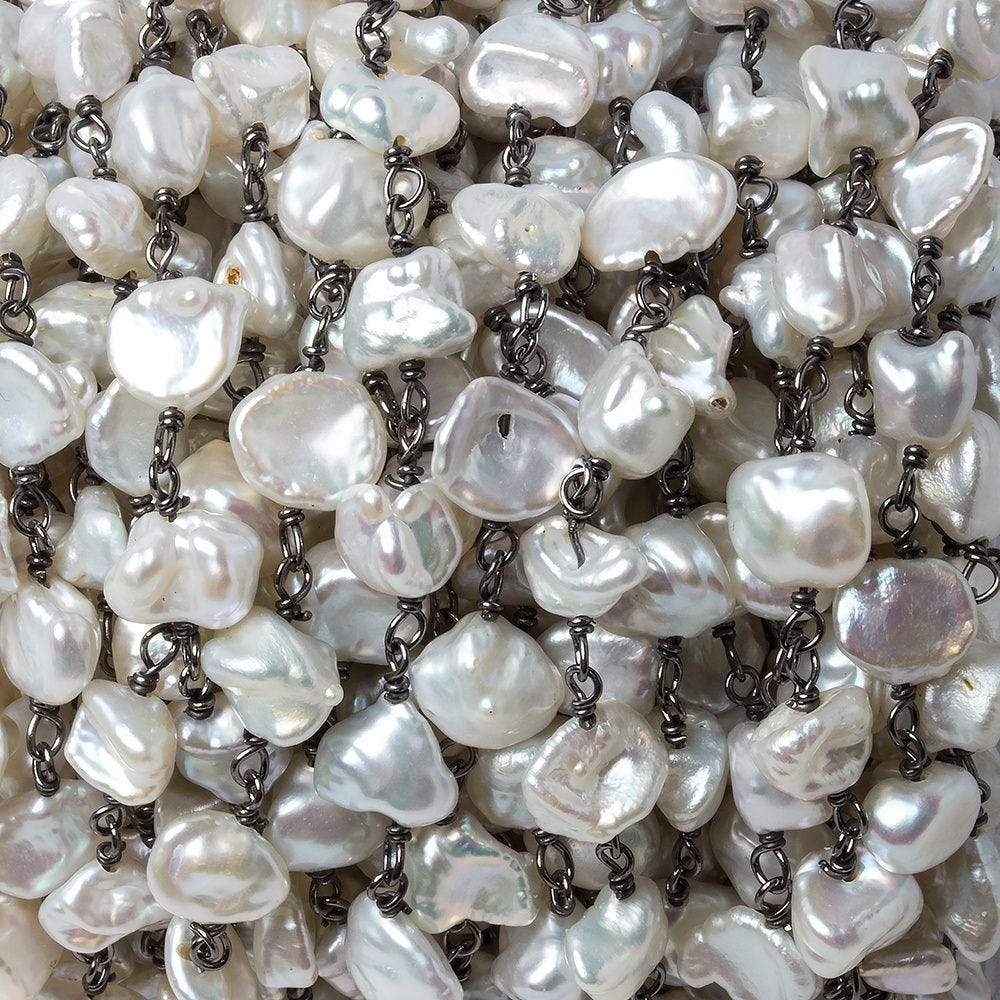 7x6mm Off White Keshi Pearl Black Gold .925 Silver Chain by the foot 28 pcs