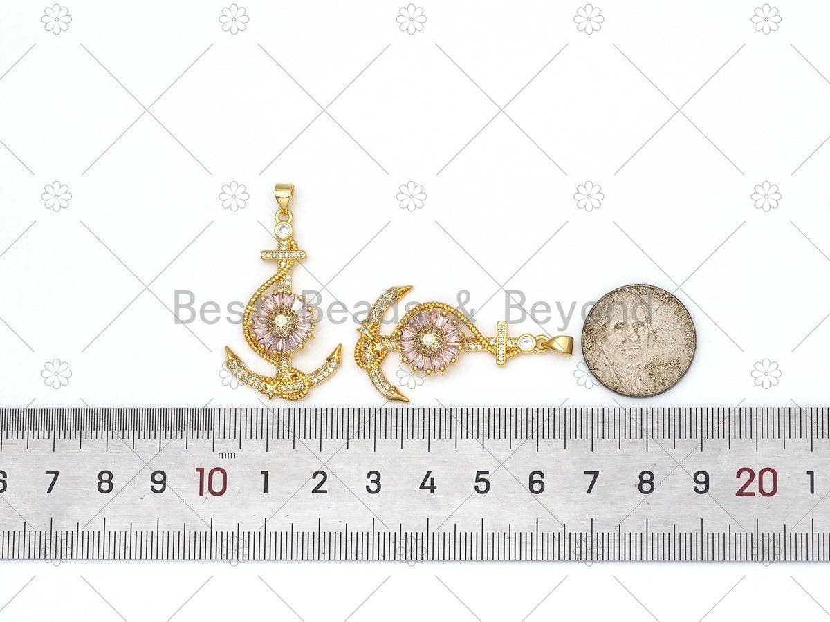 CZ Micro Pave Boat Anchor Shape Pendant, 18K Gold Filled Big Pink CZ Flower Charm, Necklace Bracelet Charm Pendant,22x36mm, Sku#LK472