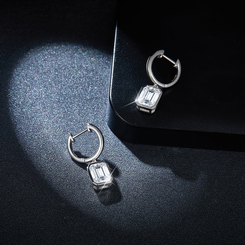 S925 Sterling Silver Emerald Cut Moissanite Dangle Earrings 6x8mm Huggie Hoop Drop Earrings Platinum Plated Jewelry Gift Box Set