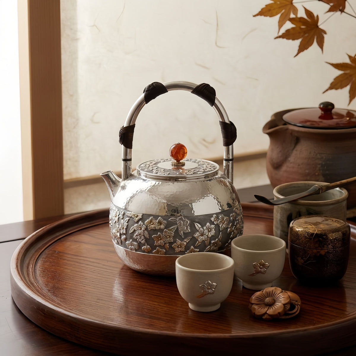 Pure 999 Fine Silver Elegant Hammered Silver Teapot with Intricate Floral Relief and Woven Handle - Handicraft