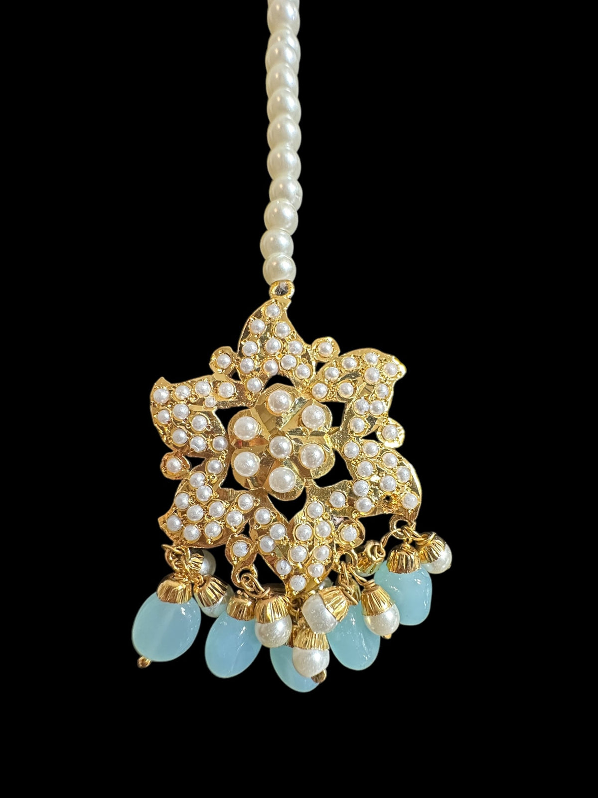 DJET64 Iza Jadau tops and tika set in pearls with mint blue beads ( READY TO SHIP )