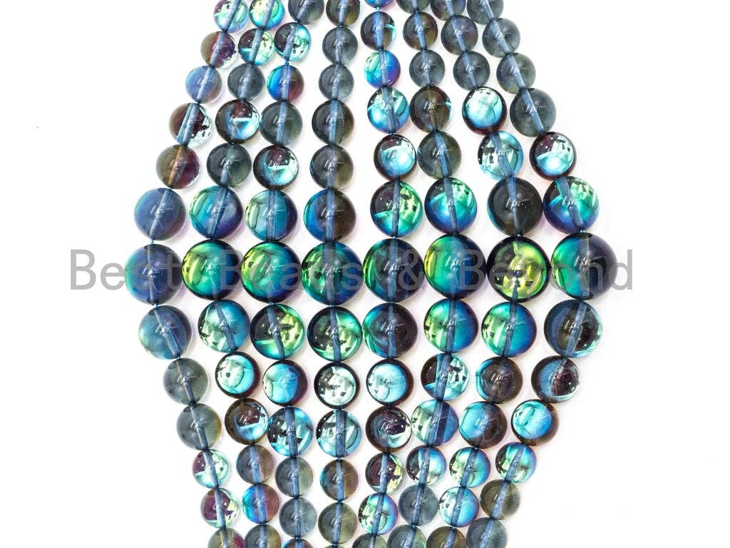 Superb 6-16mm Graduated Blue Flashy Rainbow Manmade Moonstone Graduated Strand, Blue Round Smooth Moonstone, 15.5inch Full strand, SKU#U80