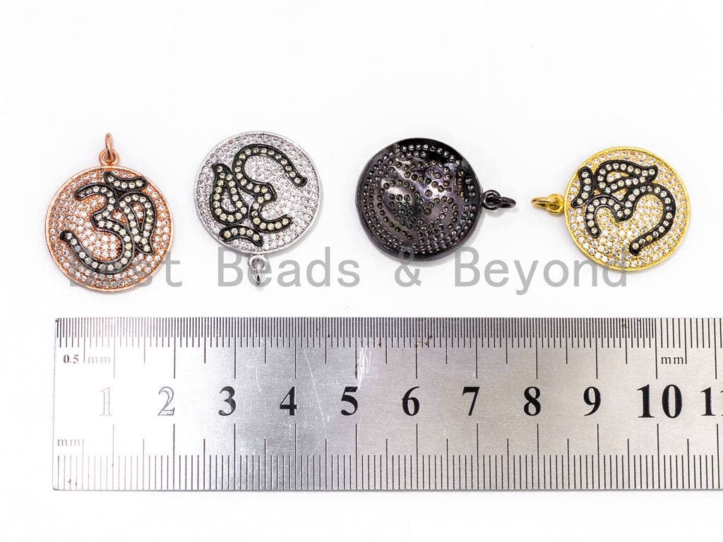 CZ Micro Pave Ohm Symbol Yoga Round Pendant, Cubic Zirconia Pendant, Silver/Gold/Rose Gold/Black Tone, 28x21mm, Sku#F151