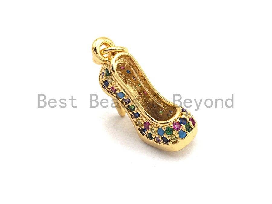 CZ Colorful Micro Pave High-heel Shoes Pendant, High-heel Shoe Pave Pendant, Gold plated, 16x6mm, Sku#F829