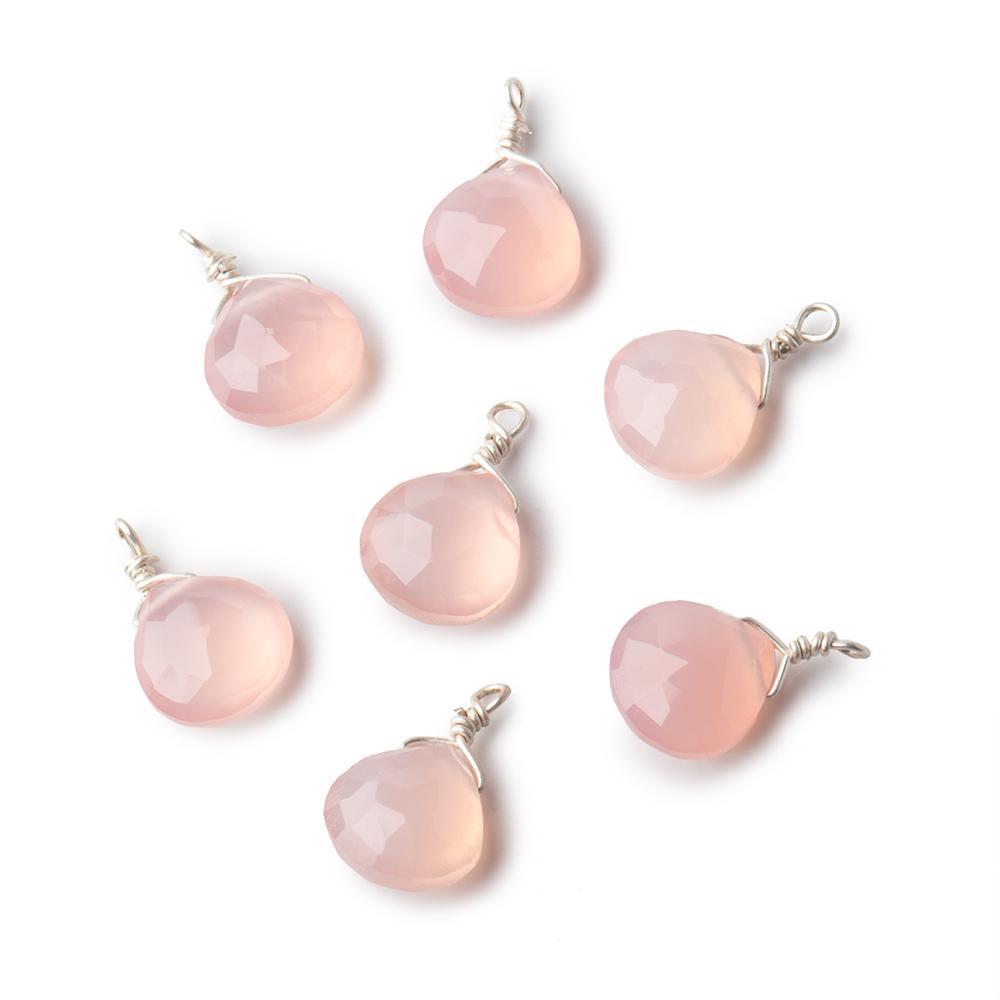 8mm Silver Wire Wrapped Blush Pink Chalcedony Faceted Heart 1 Focal Pendant