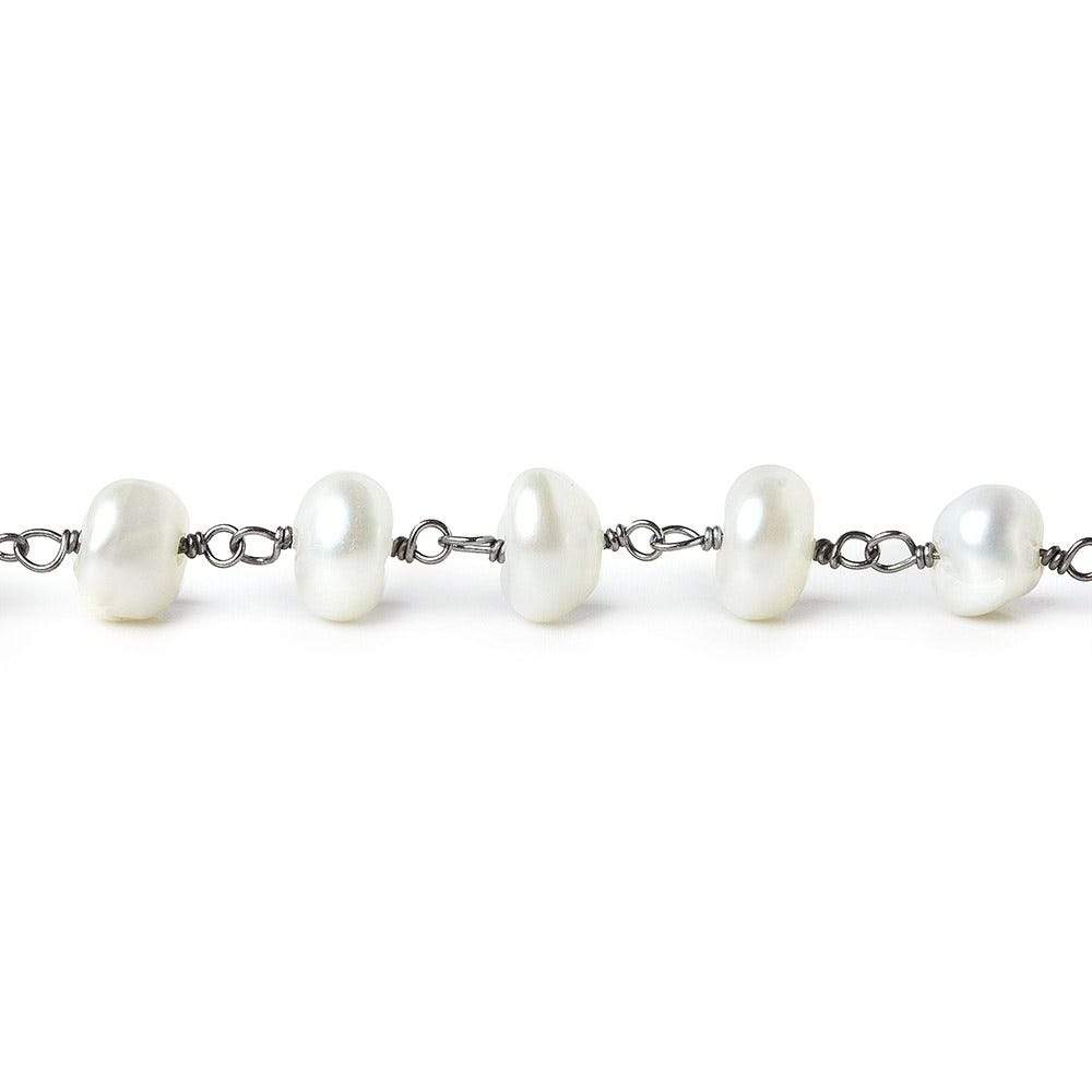 8x6mm White center drilled Keshi Pearl Black Gold plated Chain by the foot 31pc