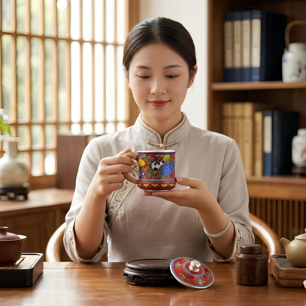 925 Sterling Silver Handcrafted Enamel Tea Cup with Bamboo Handle and Vibrant Floral Design-Premium Indigo Tea Mug - Handicraft