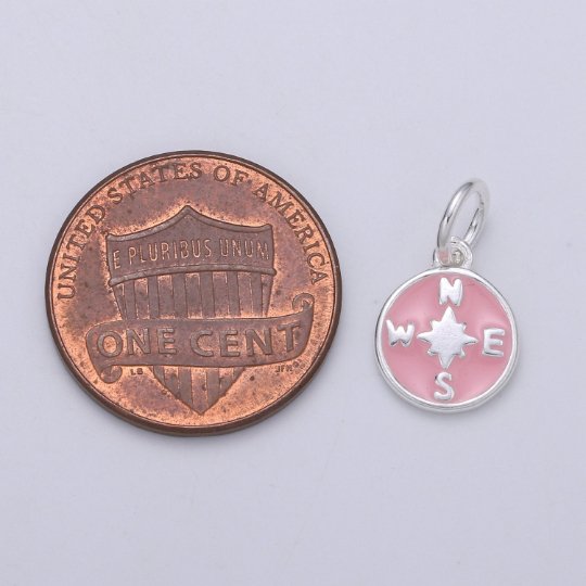 925 Sterling Silver Pink Compass Charm, Coin Compass Charm Silver Compass Charm for Necklace Bracelet Earring, Travel Charm SL-051