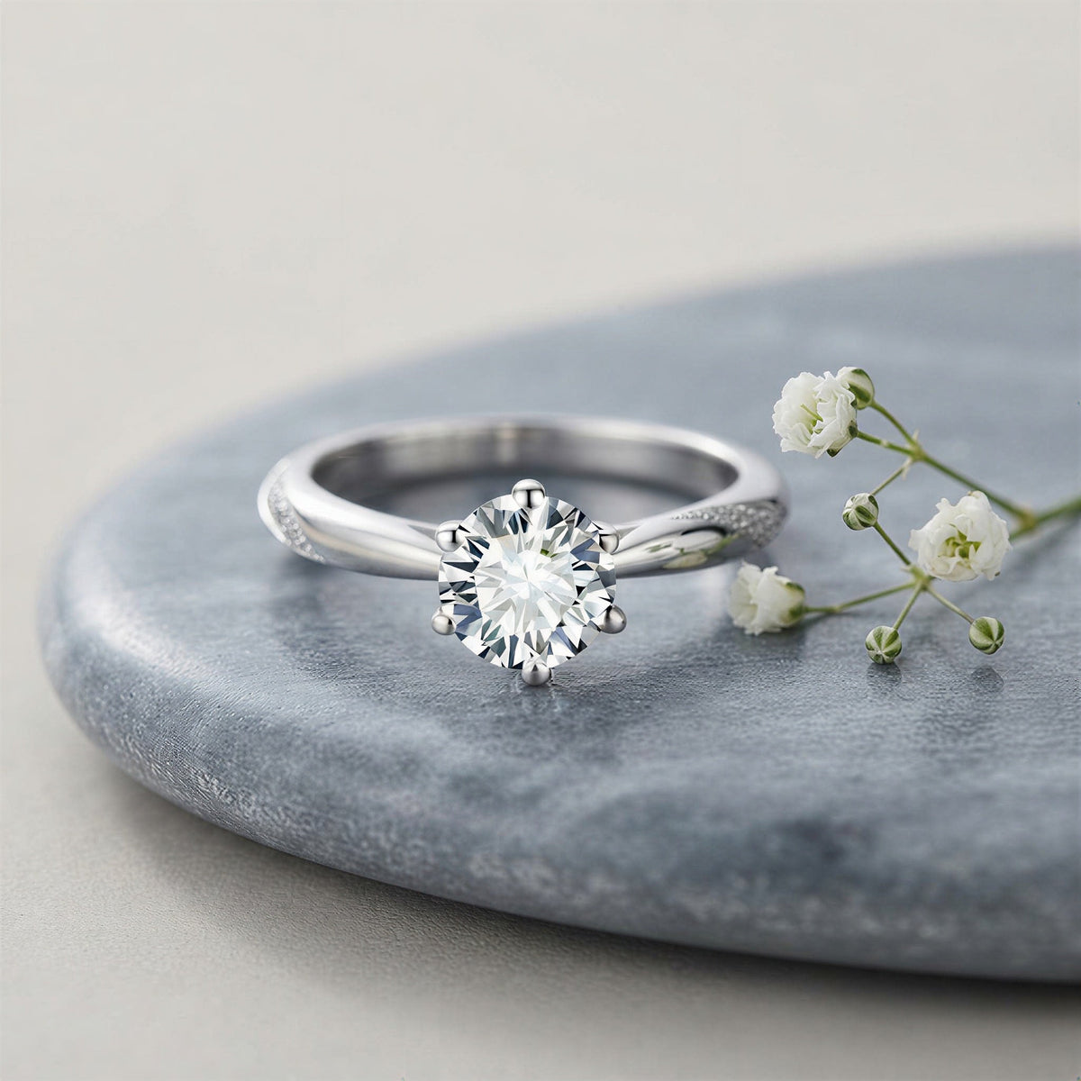 Solitaire Moissanite Ring — 1ct or 2ct Brilliant Round Cut, Six-Prong Setting in Sterling Silver with 18K Gold Plating