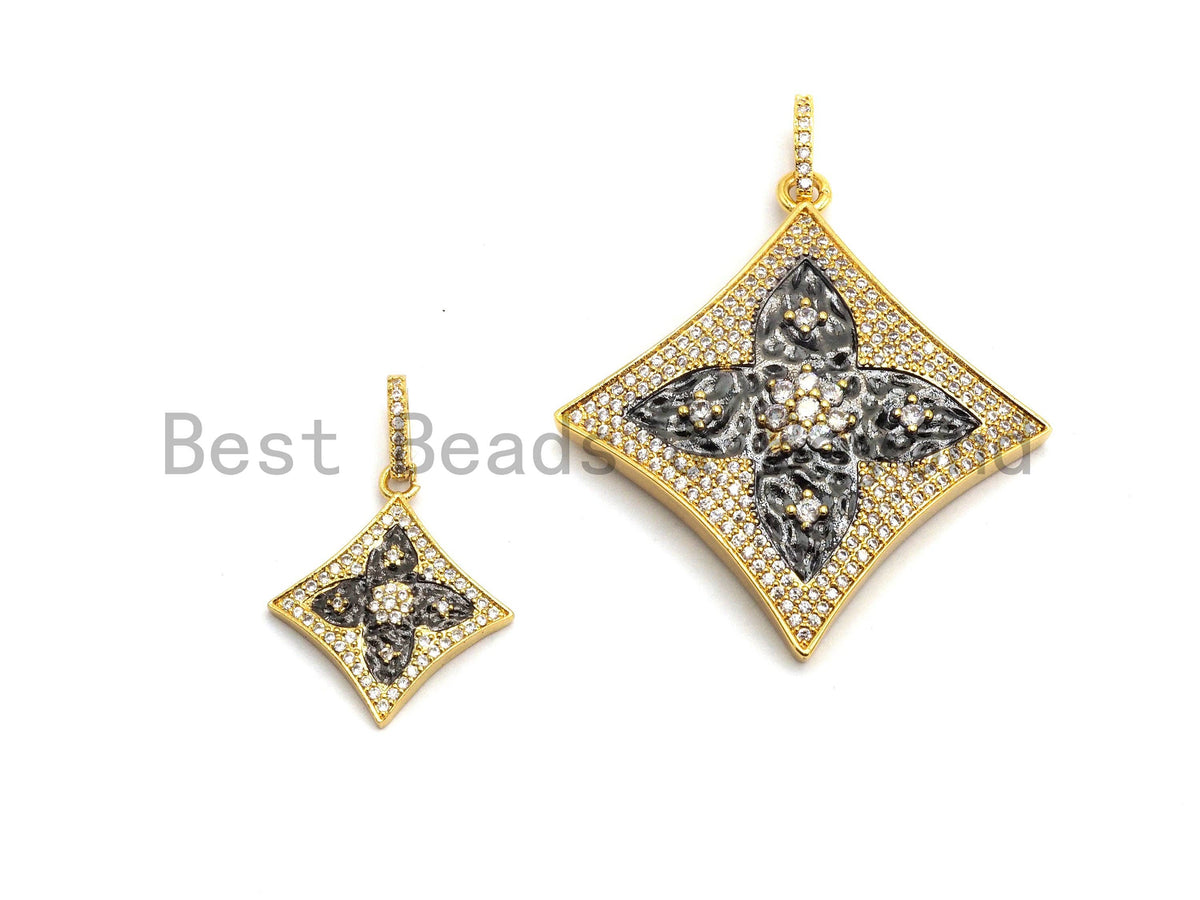 20mm/40mm CZ Micro Pave Dual Color Quatrefoil Flower Diamond Shape Pendant,Cubic Zirconia Gold/Rose Gold/Silver/Black Focal Pendant,sku#F624